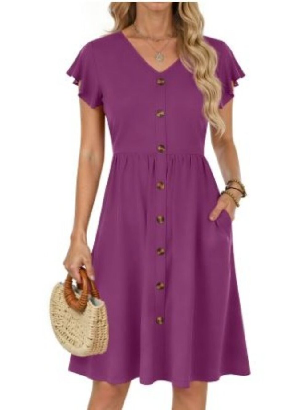 Women Summer Dress V Neck Ruffle Sleeve Casual Flowy Sundress Size Large